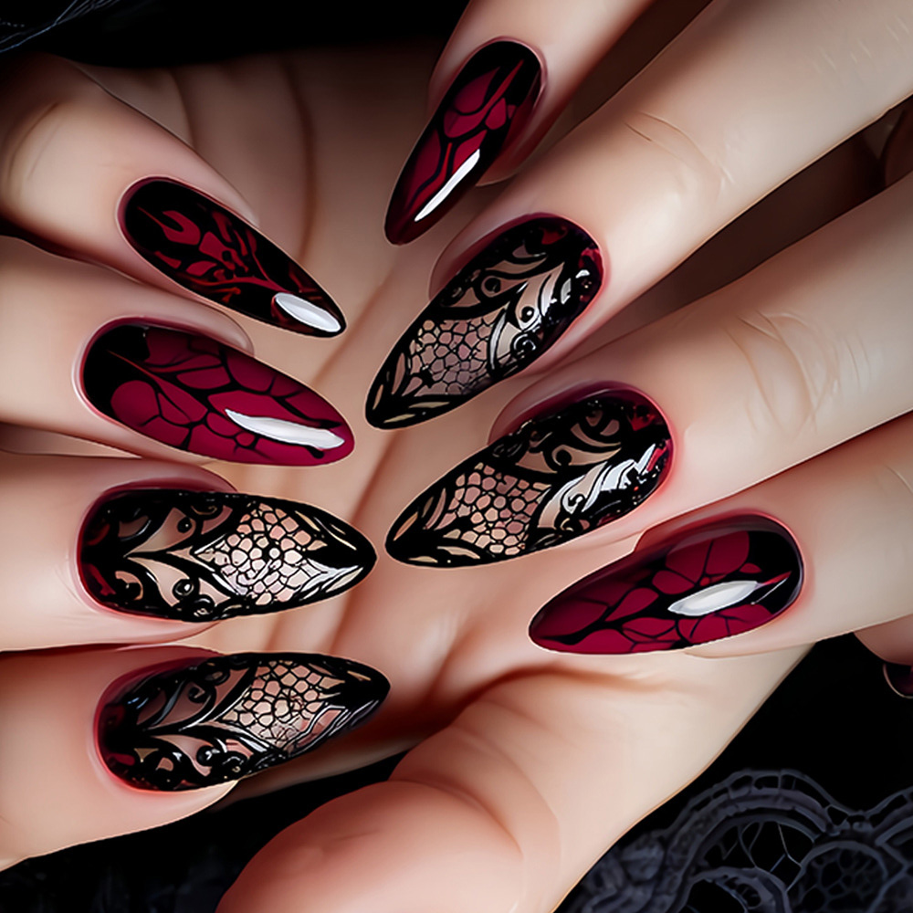 Nail Art Red - أظافر صناعية متوسطة الحجم للنساء بألوان
